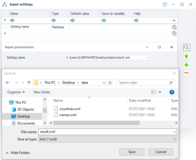 Settings editor window (1), how the user sees the setting (2), and the dialog box that opens when you click […] in Windows 10 (3)